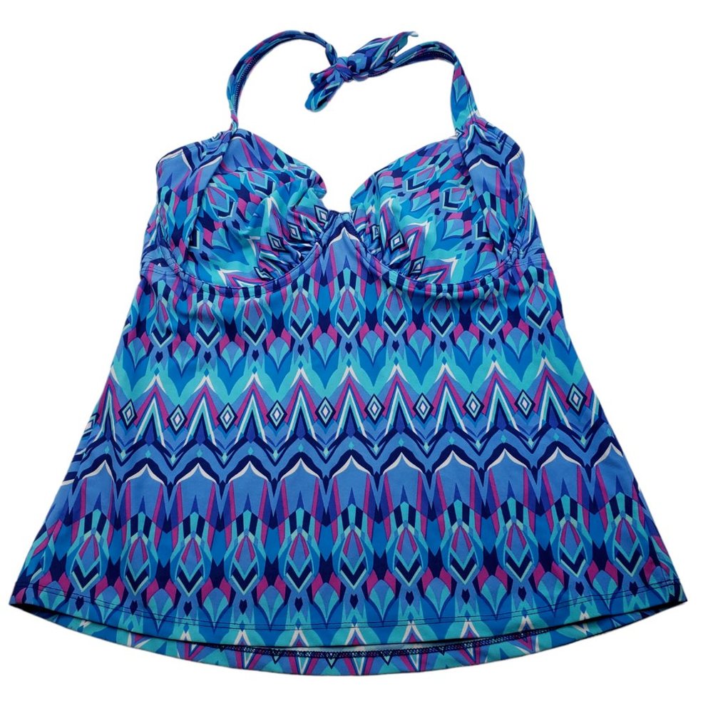 Beach Diva Blue Pink Geometric Tankini Swim Suit Top Size 34DD Built in bra - Picture 5 of 6